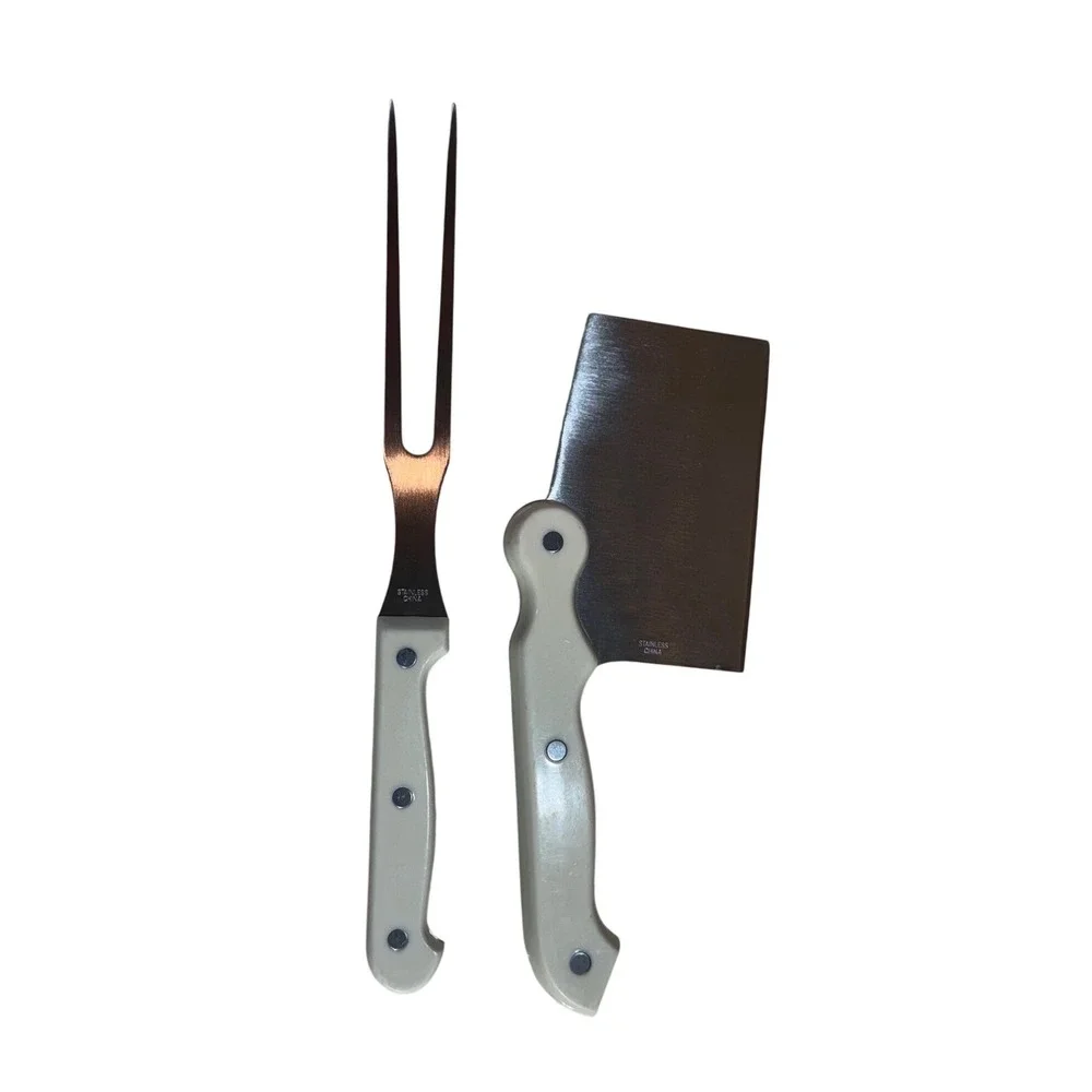 Five Star Vintage Carving Set Meat Cleaver and Fork Cream Ivory Handles 2pc